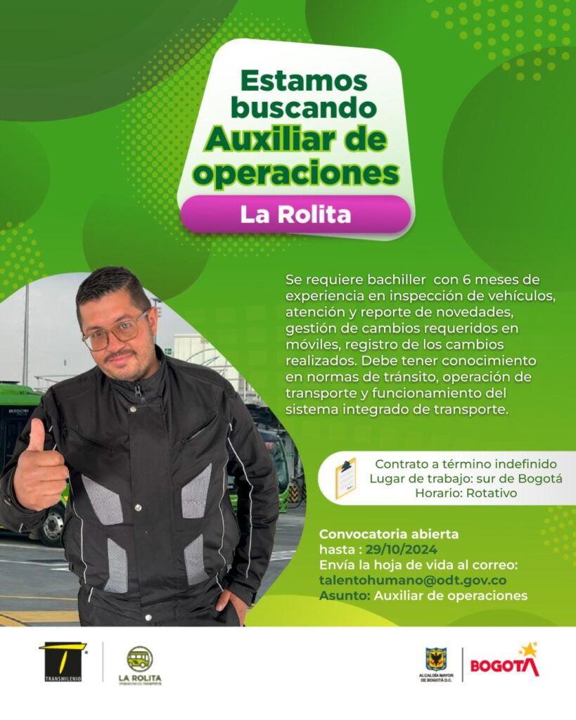 Se requiere bachiller con 6 meses de experiencia en inspección de vehículos, atención y reporte de novedades, gestión de cambios requeridos en móviles, registro de los cambios realizados. Debe tener conocimiento en normas de tránsito, operación de transporte y funcionamiento del sistema integrado de transporte. Contrato a término indefinido Lugar de trabajo: sur de Bogotá Horario: Rotativo Convocatoria abierta hasta : 29/10/2024 Envía la hoja de vida al correo: talentohumano@odt.gov.co Asunto: Auxiliar de operaciones