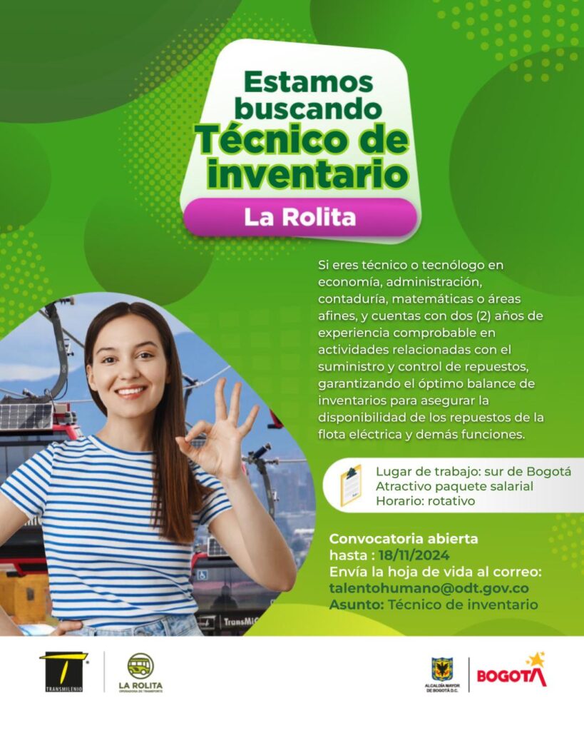 Si eres técnico o tecnólogo en economía, administración, contaduría, matemáticas o áreas afines, y cuentas con dos (2) años de experiencia comprobable en actividades relacionadas con el suministro y control de repuestos, garantizando el óptimo balance de inventarios para asegurar la disponibilidad de los repuestos de la flota eléctrica y demás funciones. Lugar de trabajo: sur de Bogotá Atractivo paquete salarial Horario: rotativo Convocatoria abierta hasta : 18/11/2024 Envía la hoja de vida al correo: talentohumano@odt.gov.co Asunto: Técnico de inventario