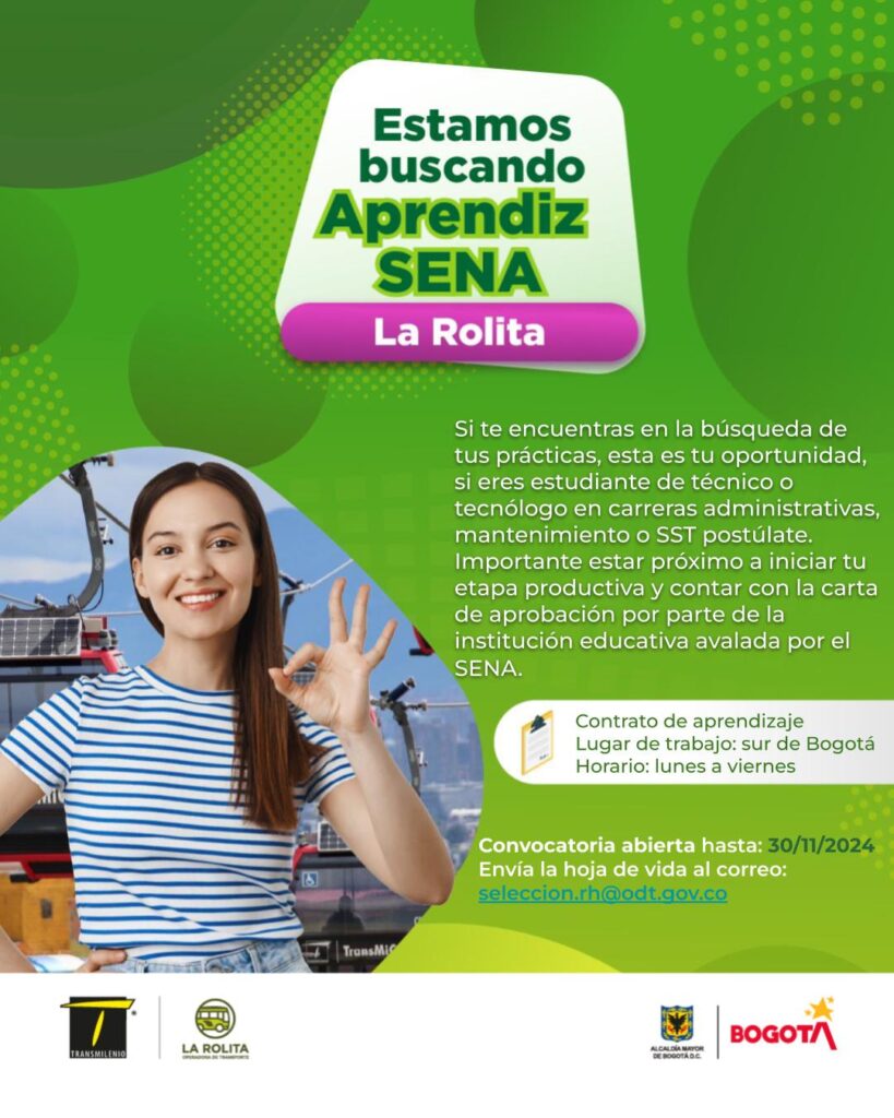 Si te encuentras en la búsqueda de tus prácticas, esta es tu oportunidad, si eres estudiante de técnico o tecnólogo en carreras administrativas, mantenimiento o SST postúlate. Importante estar próximo a iniciar tu etapa productiva y contar con la carta de aprobación por parte de la institución educativa avalada por el SENA. Contrato de aprendizaje Lugar de trabajo: sur de Bogotá Horario: lunes a viernes Convocatoria abierta hasta: 30/11/2024 Envía la hoja de vida al correo: seleccion.rh@odt.gov.co