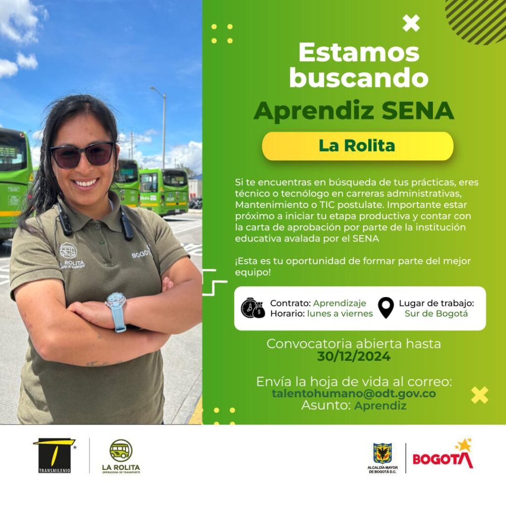 Si te encuentras en búsqueda de tus prácticas, eres técnico o tecnólogo en carreras administrativas, mantenimiento o TIC postúlate. Importante estar próximo a iniciar tu etapa productiva y contar con la carta de aprobación por parte de la institución educativa avalada por el SENA ¡Esta es tu oportunidad de formar parte del mejor equipo! Contrato: Aprendizaje Lugar de trabajo: Sur de Bogotá Convocatoria abierta hasta 30/12/2024 Envía la hoja de vida al correo: talentohumano@odt.gov.co Asunto: Aprendiz