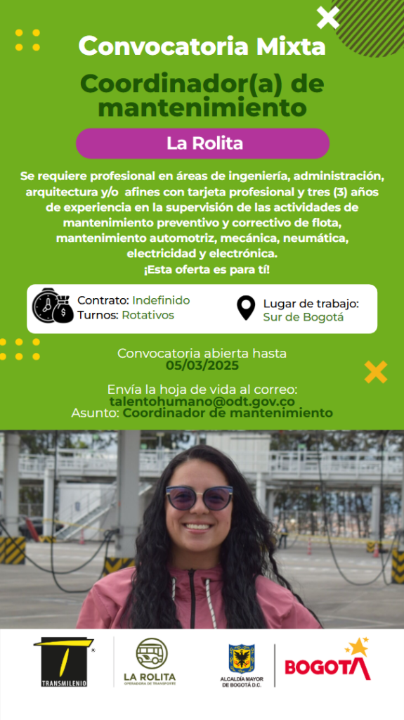 Se requiere profesional en áreas de ingeniería, administración, arquitectura y/o afines con tarjeta profesional y tres (3) años de experiencia en la supervisión de las actividades de mantenimiento preventivo y correctivo de flota, mantenimiento automotriz, mecánica, neumática, electricidad y electrónica. ¡Esta oferta es para ti! Contrato: Indefinido Turnos: Rotativos Lugar de trabajo: Sur de Bogotá Convocatoria abierta hasta 05/03/2025 Envía la hoja de vida al correo: talentohumano@odt.gov.co Asunto: Coordinador de mantenimiento