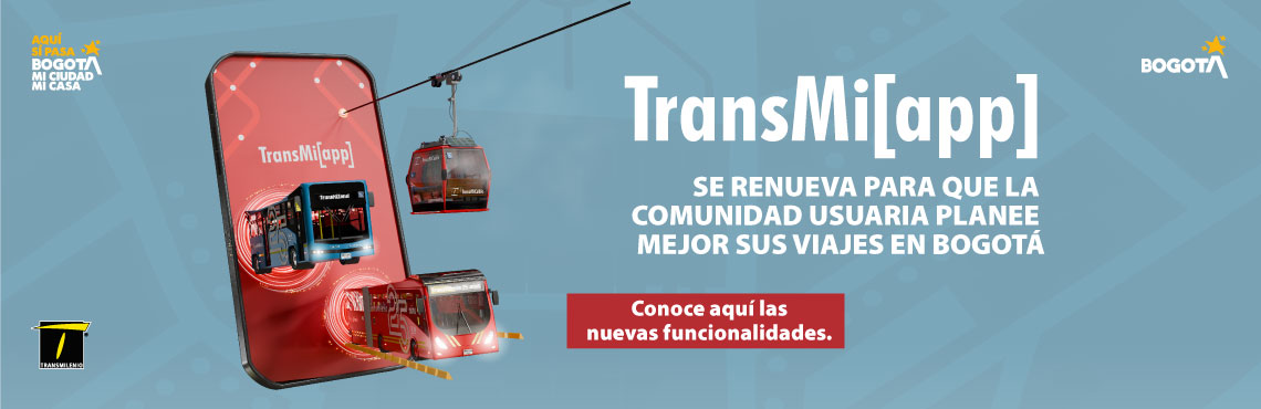 Una pantalla de un celular en  la que sobresalen un bus biarticulado, un sitp y el cable y está la invitación a conocer las funciones de la TransmiApp.